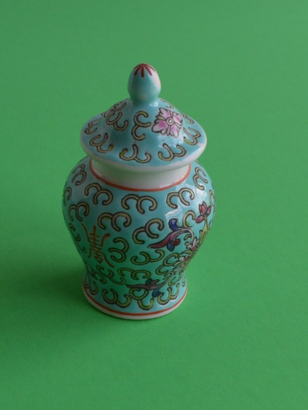 Miniature-Chinese Porcelain Famille Rose Aqua Ginger Jar with Lid